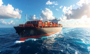 Side view of a massive cargo ship on the left, endless ocean filling the rest of the frame, slightly cloudy sky background